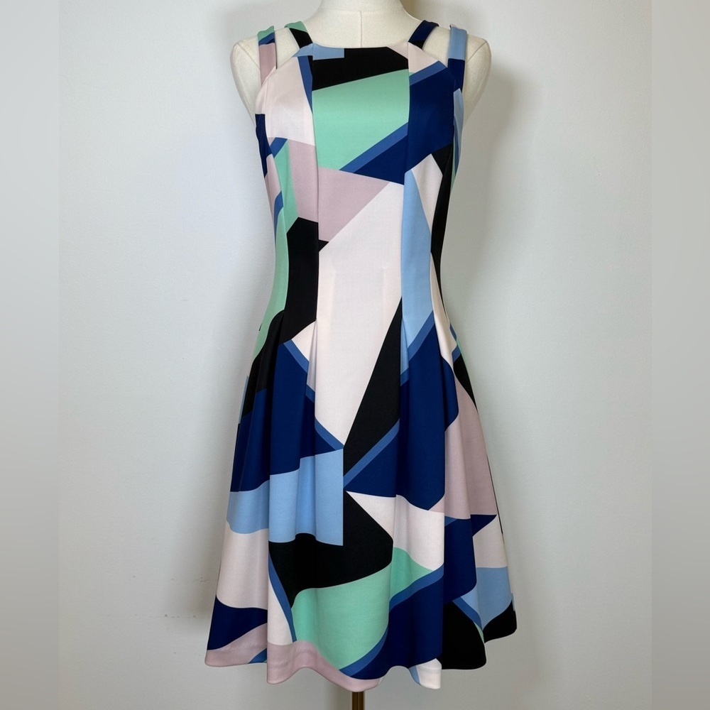 Vince Camuto Double-Strap Fit And Flare Geometric Pattern Dress Women’s Size 4